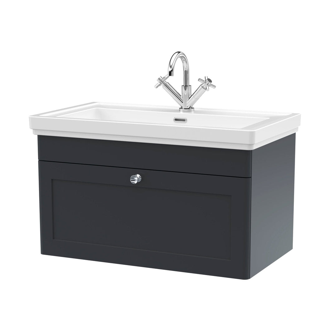 Nuie Classique 800mm Wall Hung 1-drawer Vanity & Basin 1th Traditional Soft Black MFC Painted Matt 496x830x470mm - JJ Building Materials
