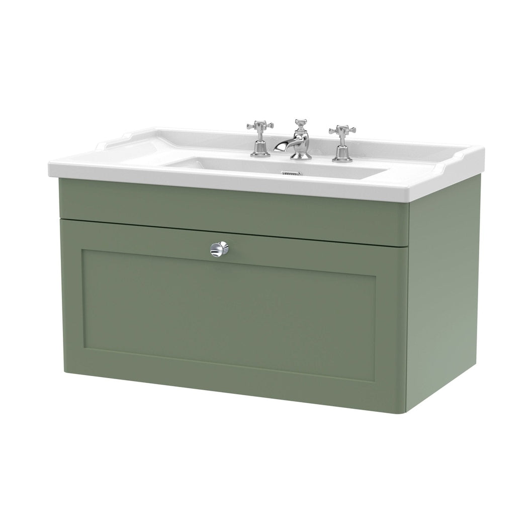 Nuie Classique 800mm Wall Hung 1 Drawer Vanity & Basin 3th Traditional Satin Green MFC Painted Matt 489x820x480mm - JJ Building Materials