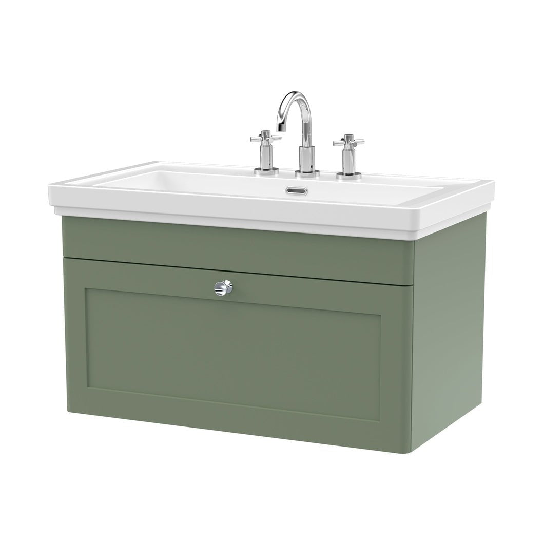 Nuie Classique 800mm Wall Hung 1-drawer Vanity & Basin 3th Traditional Satin Green MFC Painted Matt 496x830x470mm - JJ Building Materials