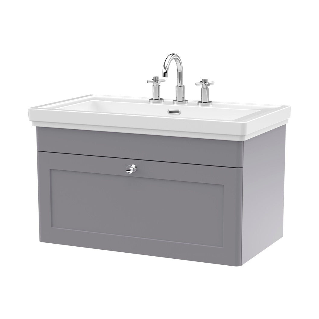 Nuie Classique 800mm Wall Hung 1-drawer Vanity & Basin 3th Traditional Satin Grey MFC Painted Matt 496x830x470mm - JJ Building Materials