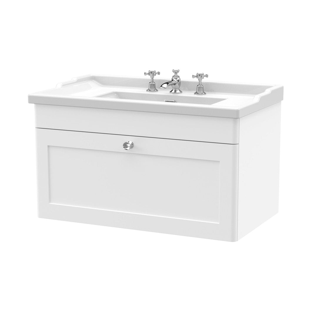 Nuie Classique 800mm Wall Hung 1 Drawer Vanity & Basin 3th Traditional Satin White MFC Painted Matt 489x820x480mm - JJ Building Materials