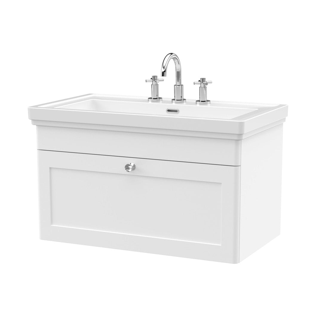Nuie Classique 800mm Wall Hung 1-drawer Vanity & Basin 3th Traditional Satin White MFC Painted Matt 496x830x470mm - JJ Building Materials
