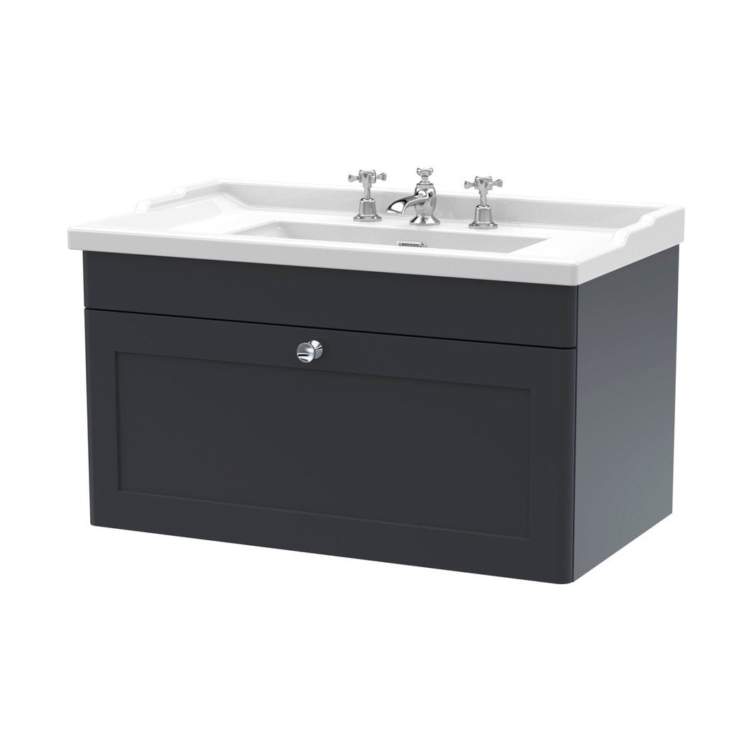 Nuie Classique 800mm Wall Hung 1 Drawer Vanity & Basin 3th Traditional Soft Black MFC Painted Matt 489x820x480mm - JJ Building Materials