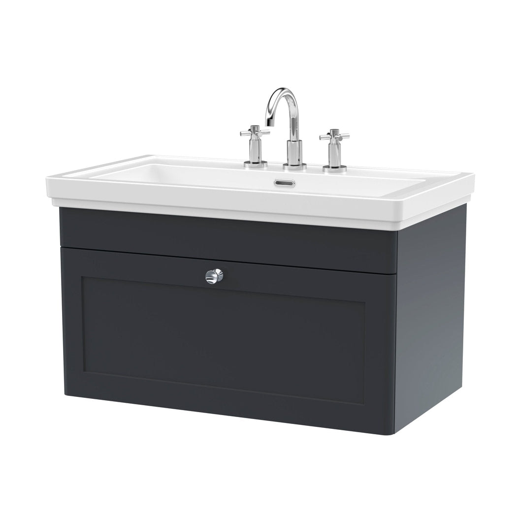 Nuie Classique 800mm Wall Hung 1-drawer Vanity & Basin 3th Traditional Soft Black MFC Painted Matt 496x830x470mm - JJ Building Materials