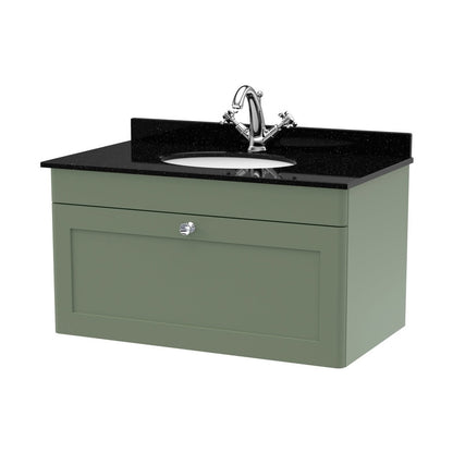 Nuie Classique 800mm Wall Hung 1 Drawer Vanity & Marble Top 1th Traditional Satin Green MFC Painted Matt 445x820x463mm - CLC896BR1 - JJ Building Materials