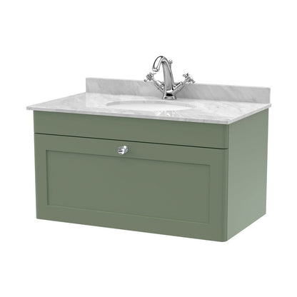 Nuie Classique 800mm Wall Hung 1 Drawer Vanity & Marble Top 1th Traditional Satin Green MFC Painted Matt 445x820x463mm - CLC896GR1 - JJ Building Materials