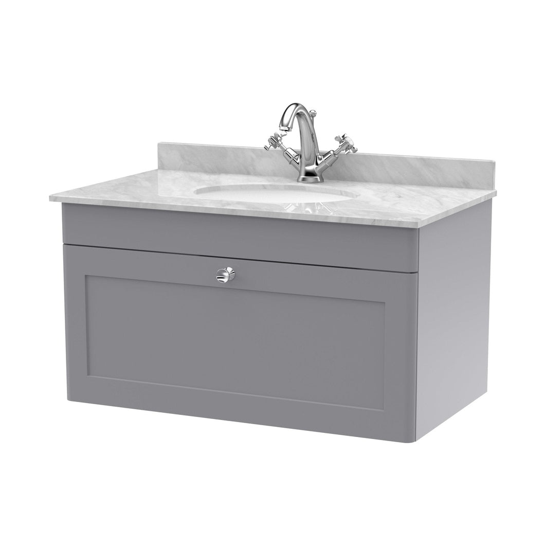 Nuie Classique 800mm Wall Hung 1 Drawer Vanity & Marble Top 1th Traditional Satin Grey MFC Painted Matt 445x820x463mm - CLC296GR1 - JJ Building Materials