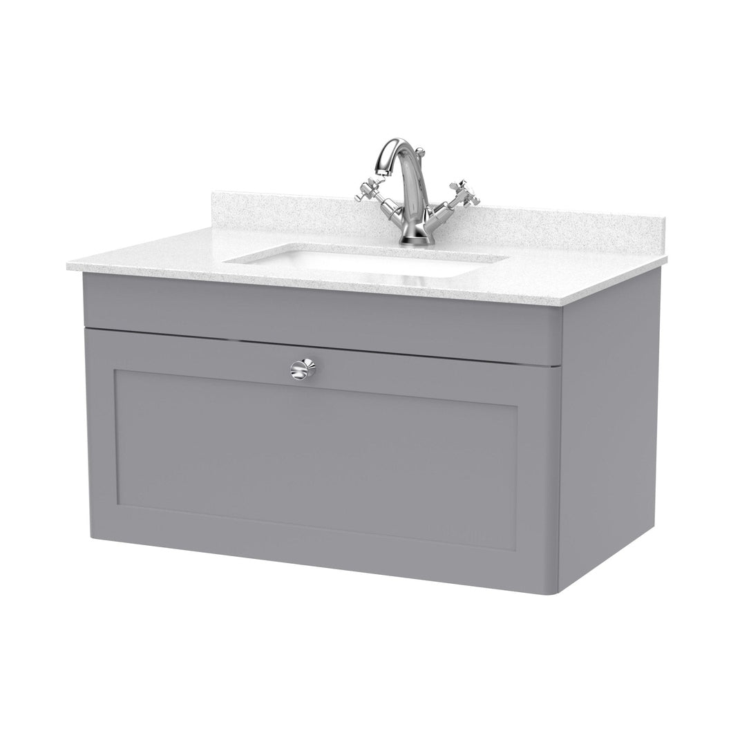 Nuie Classique 800mm Wall Hung 1 Drawer Vanity & Marble Top 1th Traditional Satin Grey MFC Painted Matt 445x820x463mm - CLC296WS1 - JJ Building Materials