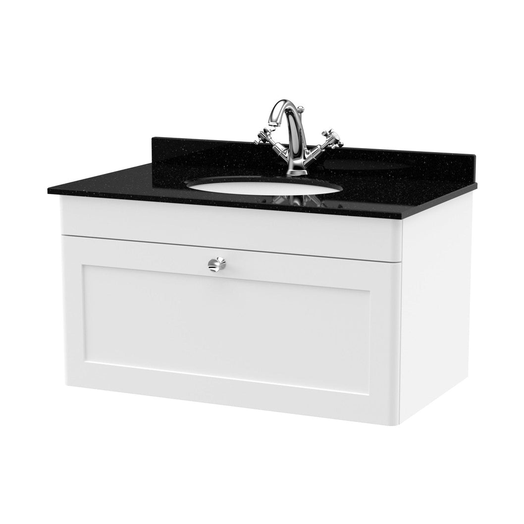 Nuie Classique 800mm Wall Hung 1 Drawer Vanity & Marble Top 1th Traditional Satin White MFC Painted Matt 445x820x463mm - CLC196BR1 - JJ Building Materials