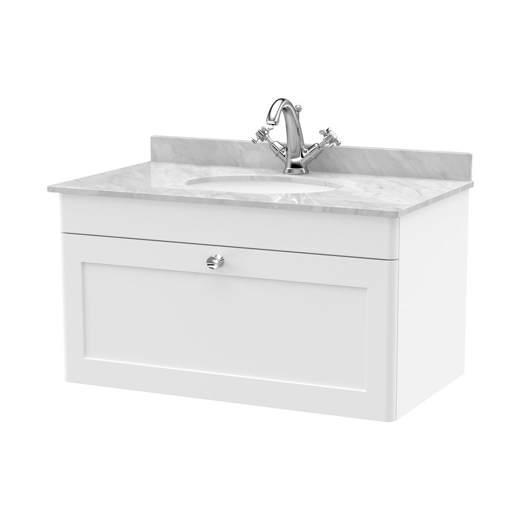 Nuie Classique 800mm Wall Hung 1 Drawer Vanity & Marble Top 1th Traditional Satin White MFC Painted Matt 445x820x463mm - CLC196GR1 - JJ Building Materials