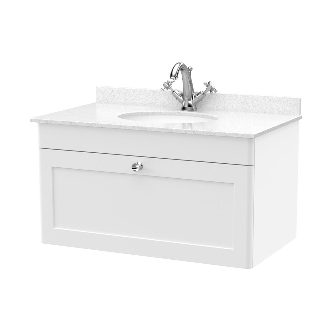 Nuie Classique 800mm Wall Hung 1 Drawer Vanity & Marble Top 1th Traditional Satin White MFC Painted Matt 445x820x463mm - CLC196WR1 - JJ Building Materials