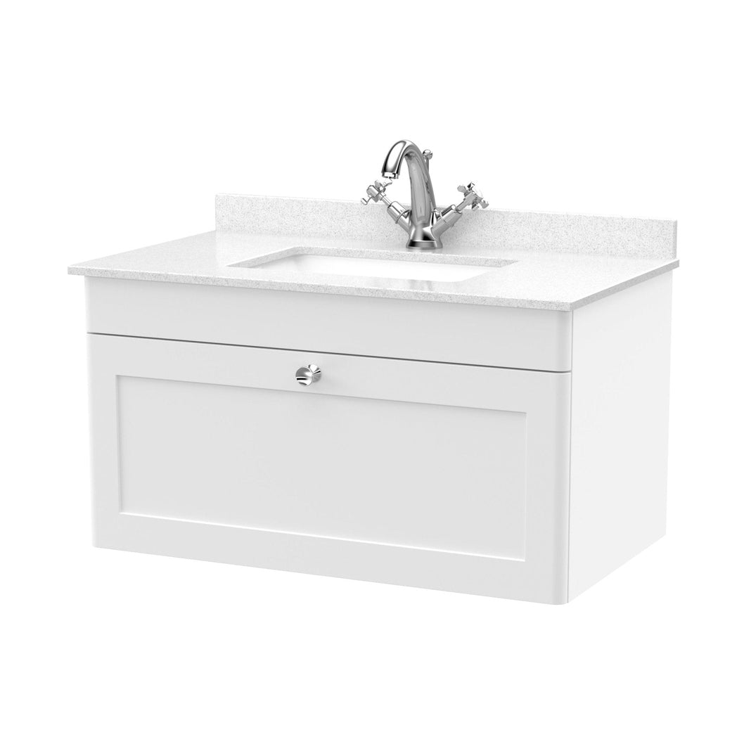 Nuie Classique 800mm Wall Hung 1 Drawer Vanity & Marble Top 1th Traditional Satin White MFC Painted Matt 445x820x463mm - CLC196WS1 - JJ Building Materials