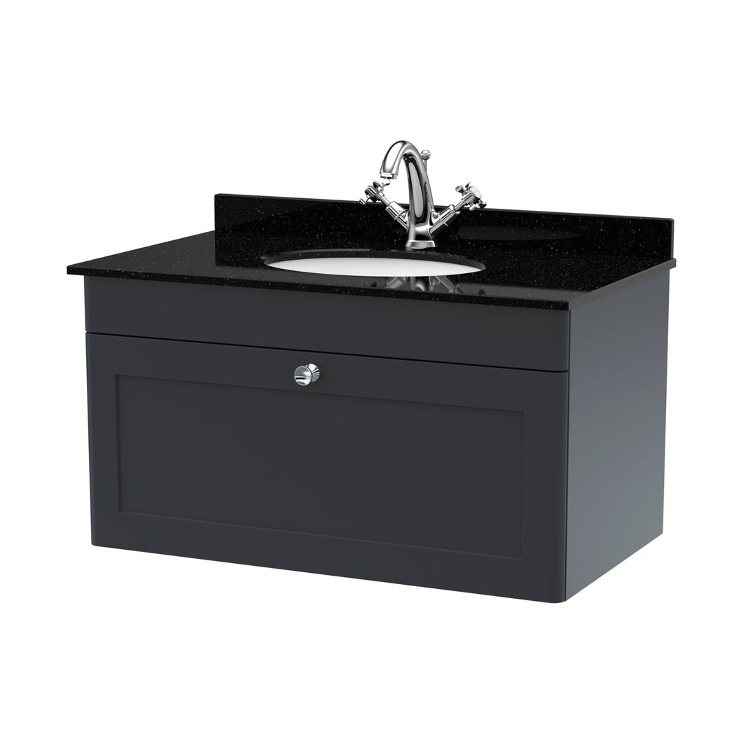 Nuie Classique 800mm Wall Hung 1 Drawer Vanity & Marble Top 1th Traditional Soft Black MFC Painted Matt 445x820x463mm - CLC1496BR1 - JJ Building Materials