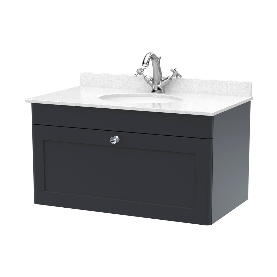 Nuie Classique 800mm Wall Hung 1 Drawer Vanity & Marble Top 1th Traditional Soft Black MFC Painted Matt 445x820x463mm - CLC1496WR1 - JJ Building Materials
