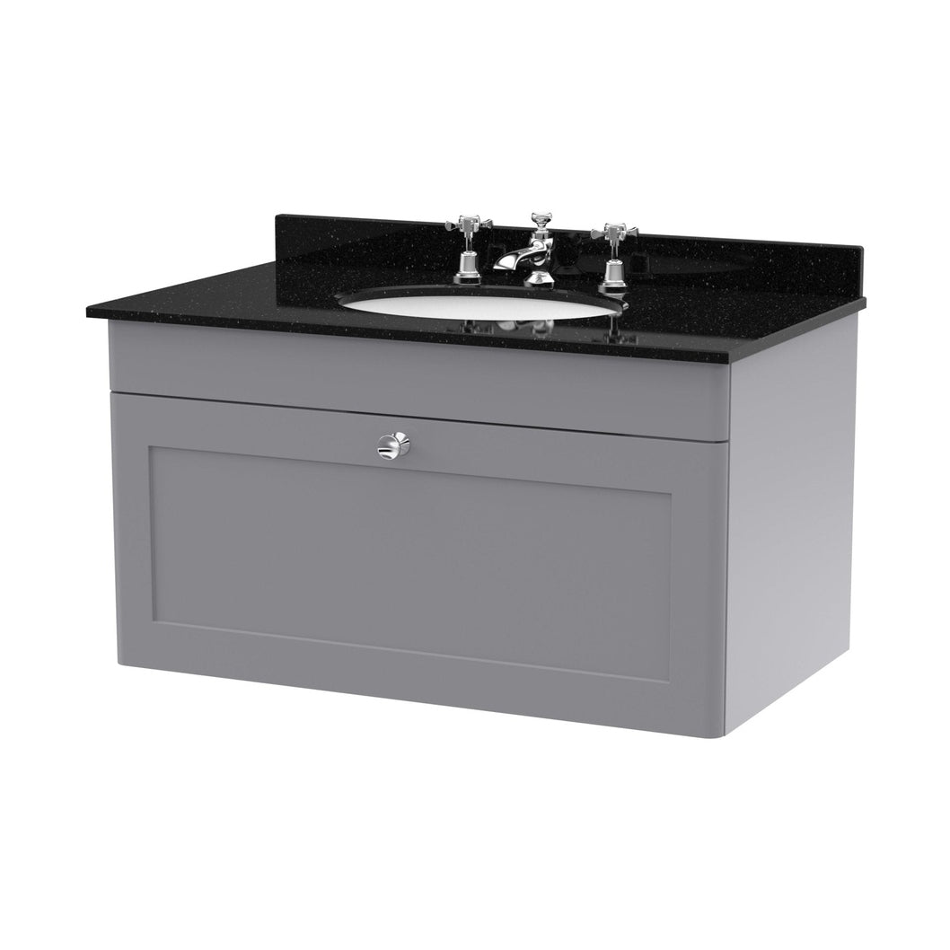 Nuie Classique 800mm Wall Hung 1 Drawer Vanity & Marble Top 3th Traditional Satin Grey MFC Painted Matt 445x820x463mm - CLC296BR3 - JJ Building Materials