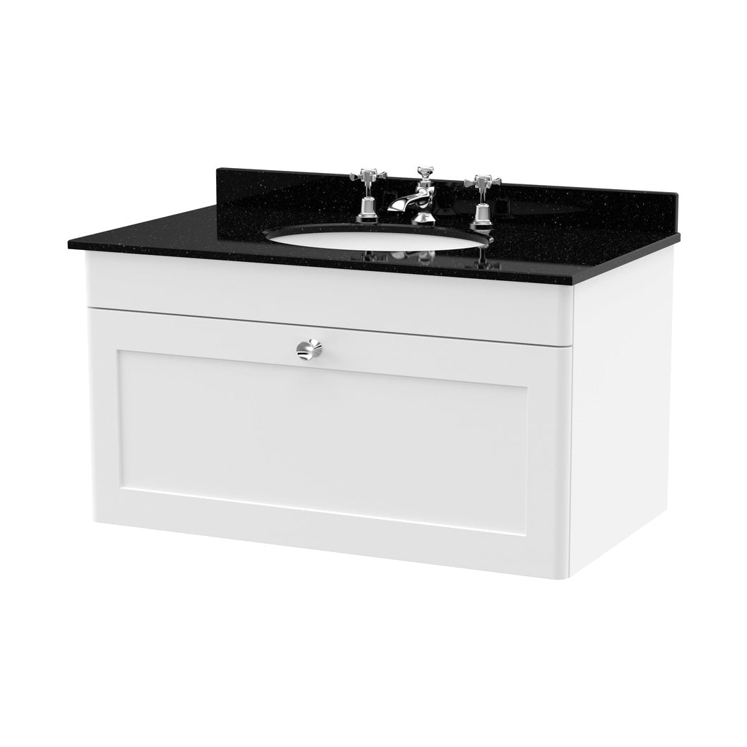 Nuie Classique 800mm Wall Hung 1 Drawer Vanity & Marble Top 3th Traditional Satin White MFC Painted Matt 445x820x463mm - CLC196BR3 - JJ Building Materials