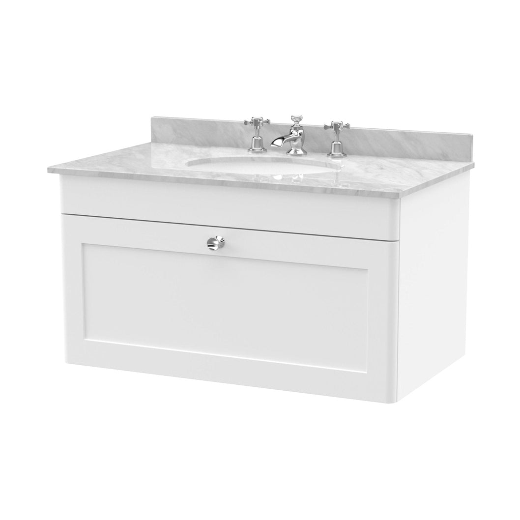 Nuie Classique 800mm Wall Hung 1 Drawer Vanity & Marble Top 3th Traditional Satin White MFC Painted Matt 445x820x463mm - CLC196GR3 - JJ Building Materials