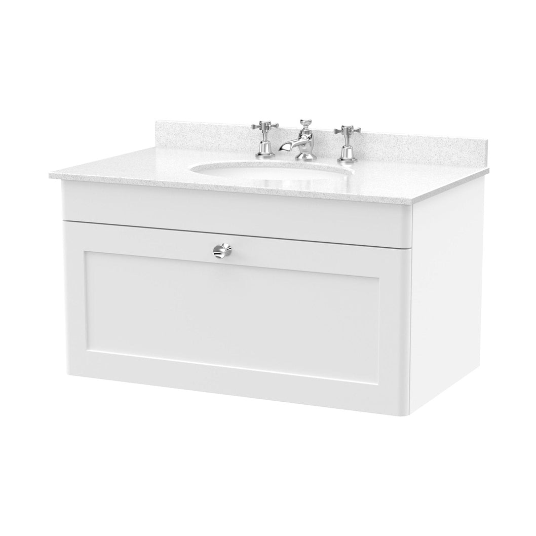 Nuie Classique 800mm Wall Hung 1 Drawer Vanity & Marble Top 3th Traditional Satin White MFC Painted Matt 445x820x463mm - CLC196WR3 - JJ Building Materials