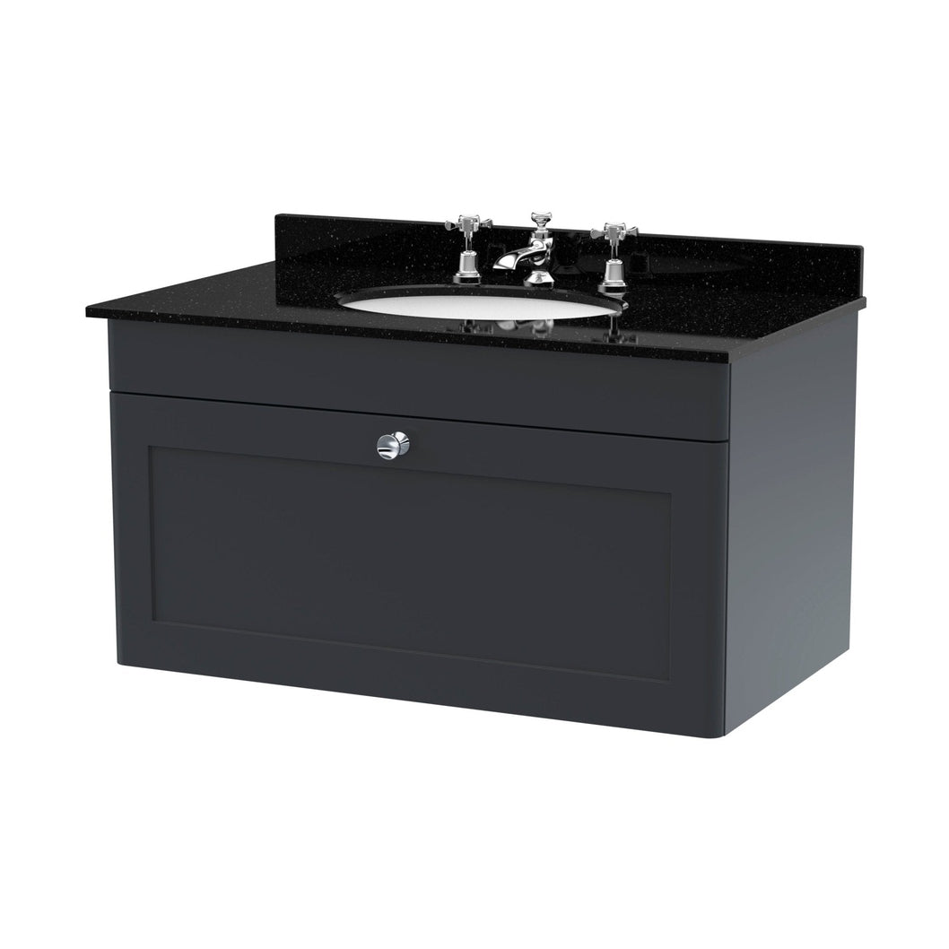 Nuie Classique 800mm Wall Hung 1 Drawer Vanity & Marble Top 3th Traditional Soft Black MFC Painted Matt 445x820x463mm - CLC1496BR3 - JJ Building Materials