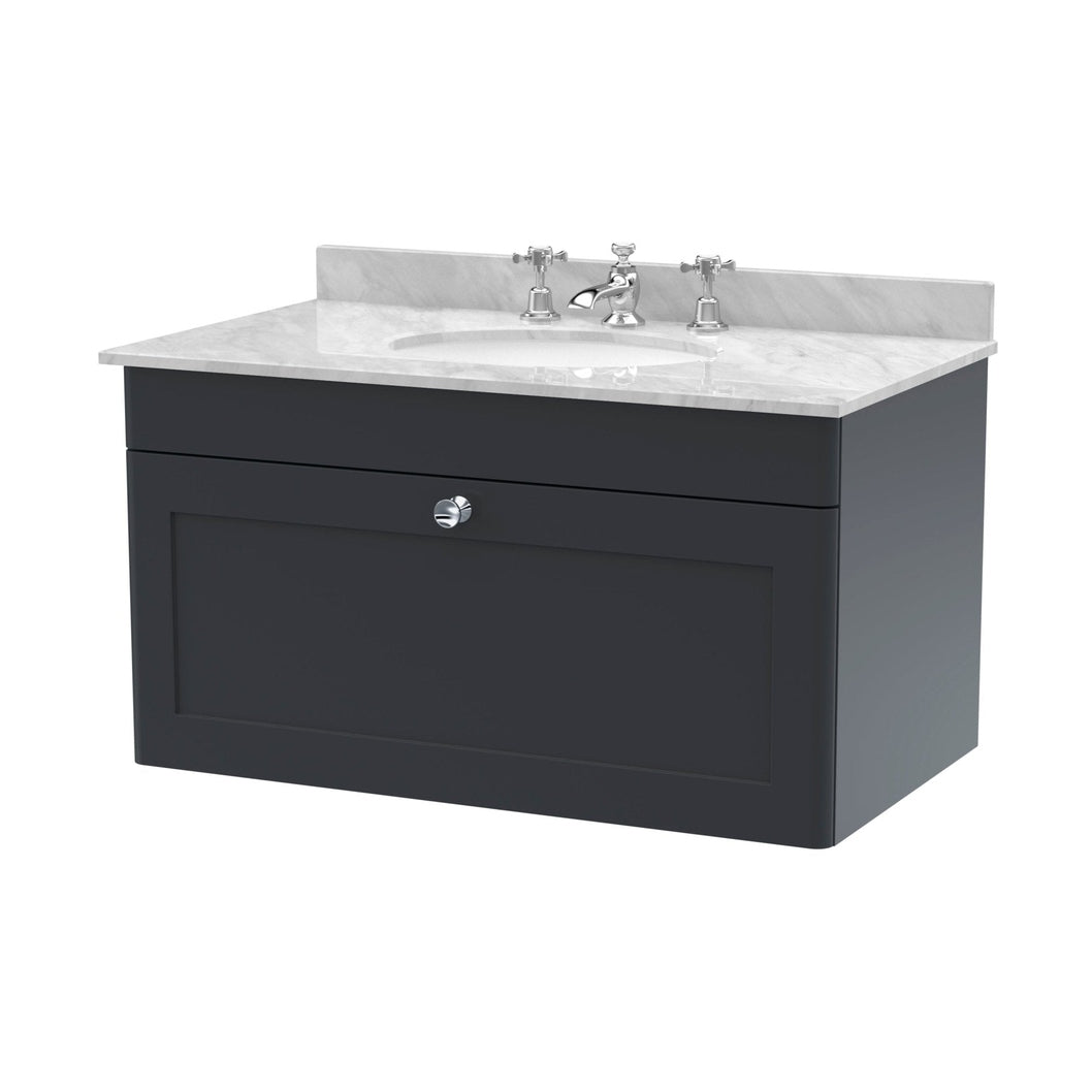 Nuie Classique 800mm Wall Hung 1 Drawer Vanity & Marble Top 3th Traditional Soft Black MFC Painted Matt 445x820x463mm - CLC1496GR3 - JJ Building Materials