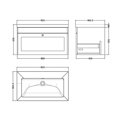 Nuie Classique 800mm Wall Hung Single Drawer Vanity With Basin - 0 Tap Hole Traditional Satin Grey Fireclay 476x813x462mm - JJ Building Materials