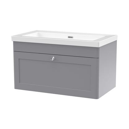 Nuie Classique 800mm Wall Hung Single Drawer Vanity With Basin - 0 Tap Hole Traditional Satin Grey Fireclay 476x813x462mm - JJ Building Materials