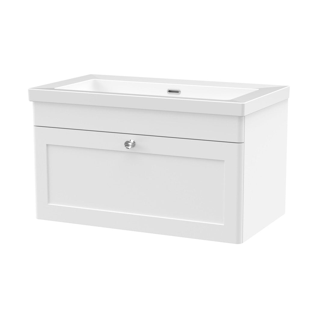 Nuie Classique 800mm Wall Hung Single Drawer Vanity With Basin - 0 Tap Hole Traditional Satin White Fireclay 476x813x462mm - JJ Building Materials