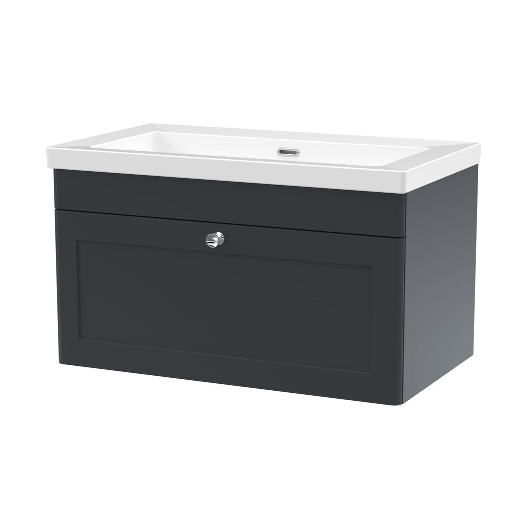 Nuie Classique 800mm Wall Hung Single Drawer Vanity With Basin - 0 Tap Hole Traditional Soft Black Fireclay 476x813x462mm - JJ Building Materials