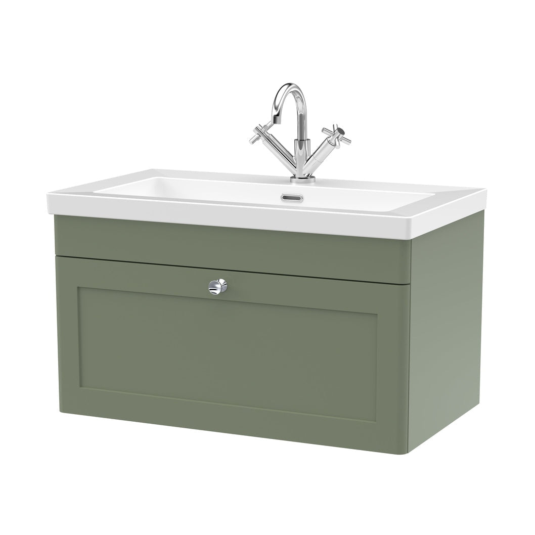 Nuie Classique 800mm Wall Hung Single Drawer Vanity With Basin - 1 Tap Hole Traditional Satin Green Fireclay 476x813x462mm - JJ Building Materials