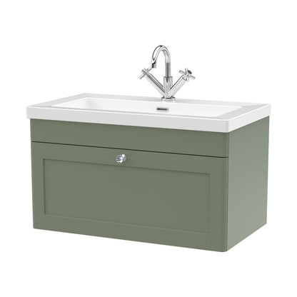 Nuie Classique 800mm Wall Hung Single Drawer Vanity With Basin - 1 Tap Hole Traditional Satin Green Fireclay 476x813x462mm - JJ Building Materials