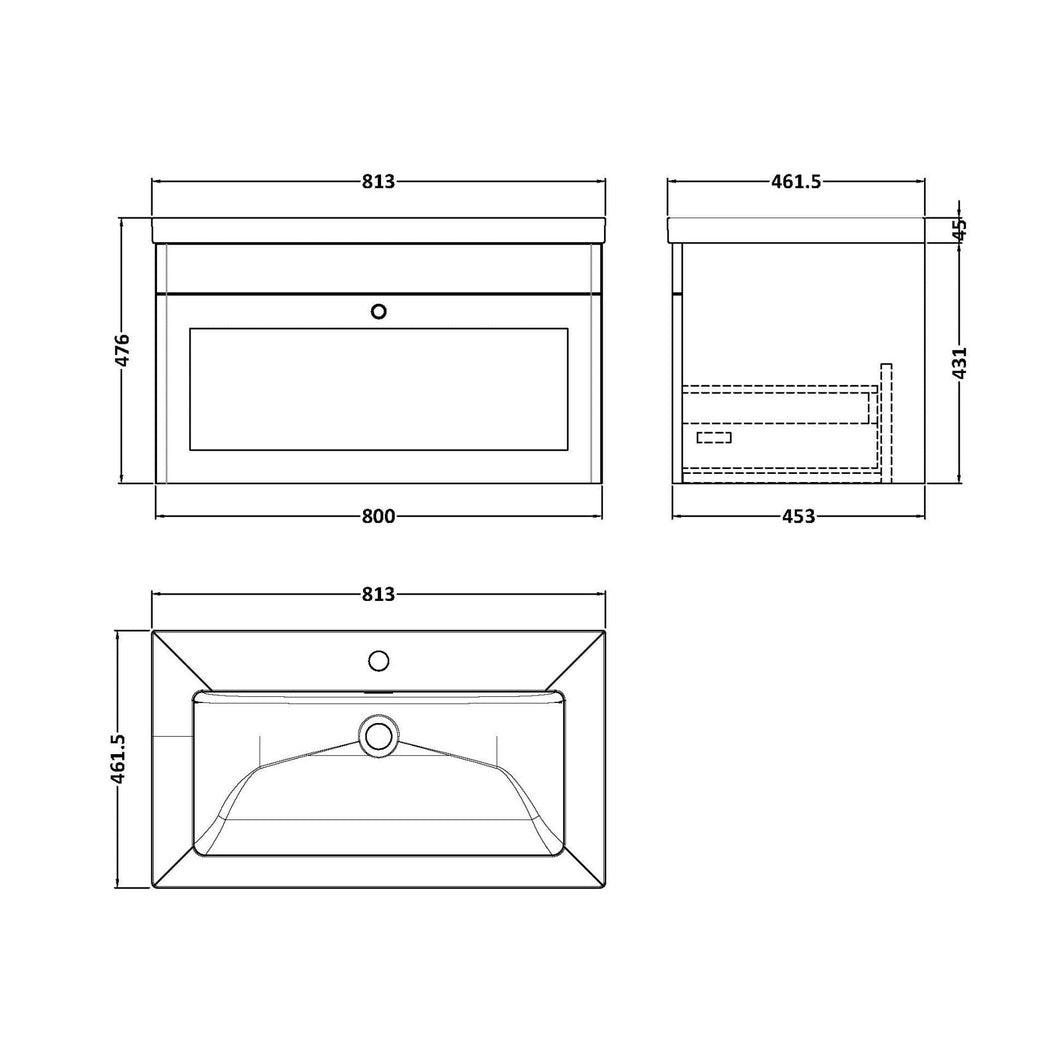 Nuie Classique 800mm Wall Hung Single Drawer Vanity With Basin - 1 Tap Hole Traditional Satin Green Fireclay 476x813x462mm - JJ Building Materials