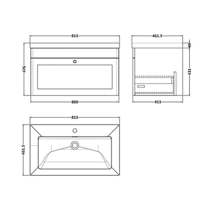 Nuie Classique 800mm Wall Hung Single Drawer Vanity With Basin - 1 Tap Hole Traditional Satin Green Fireclay 476x813x462mm - JJ Building Materials