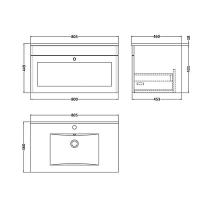 Nuie Classique 800mm Wall Hung Single Drawer Vanity With Basin - 1 Tap Hole Traditional Satin Green Vitreous China 449x805x460mm - JJ Building Materials
