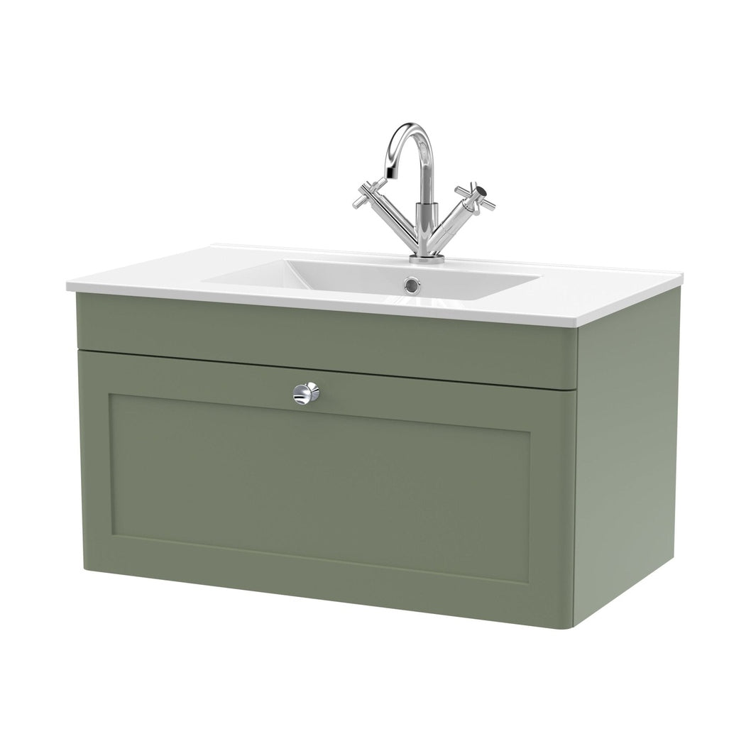 Nuie Classique 800mm Wall Hung Single Drawer Vanity With Basin - 1 Tap Hole Traditional Satin Green Vitreous China 449x805x460mm - JJ Building Materials