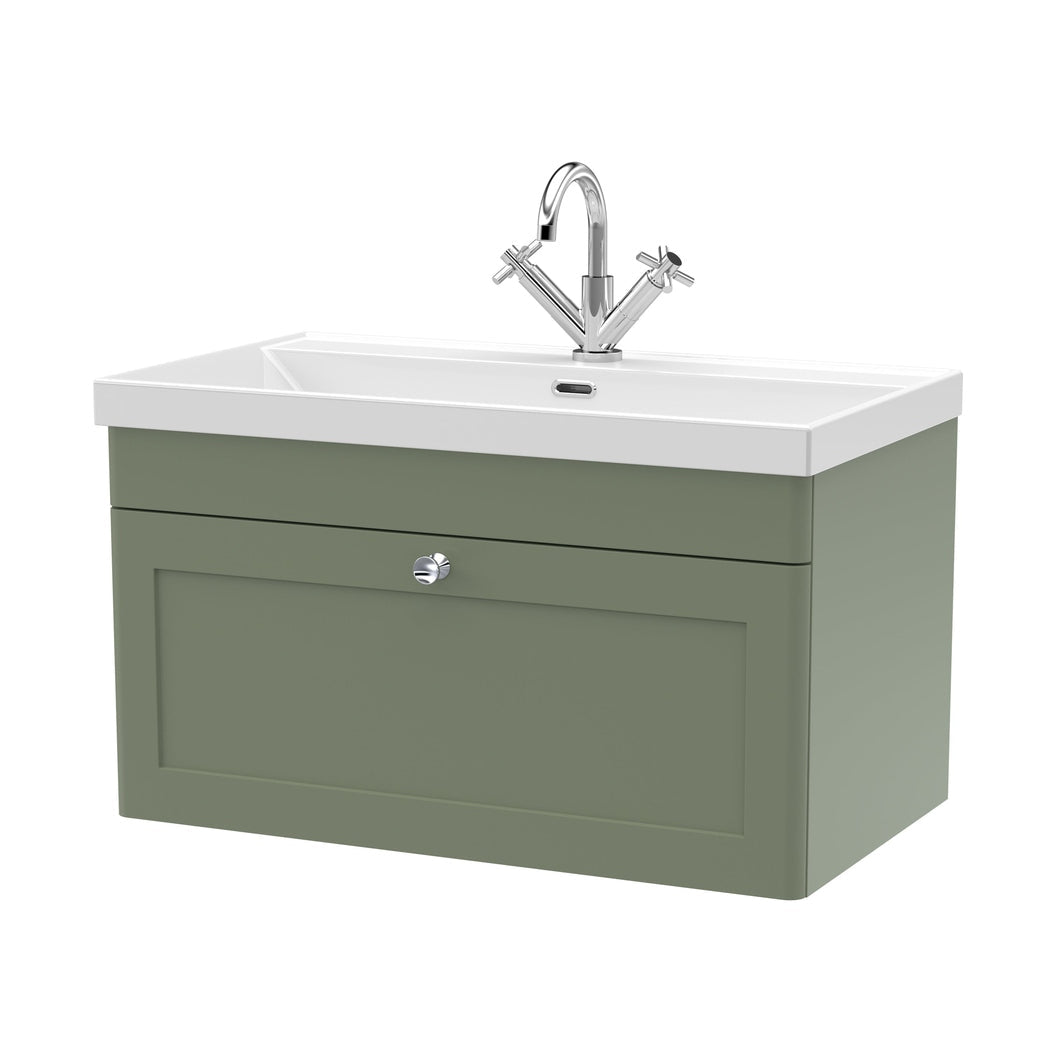Nuie Classique 800mm Wall Hung Single Drawer Vanity With Basin - 1 Tap Hole Traditional Satin Green Vitreous China 481x810x460mm - JJ Building Materials