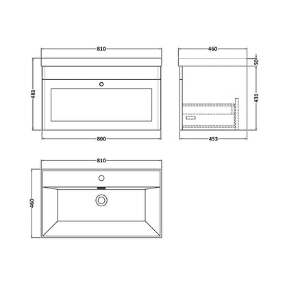 Nuie Classique 800mm Wall Hung Single Drawer Vanity With Basin - 1 Tap Hole Traditional Satin Green Vitreous China 481x810x460mm - JJ Building Materials