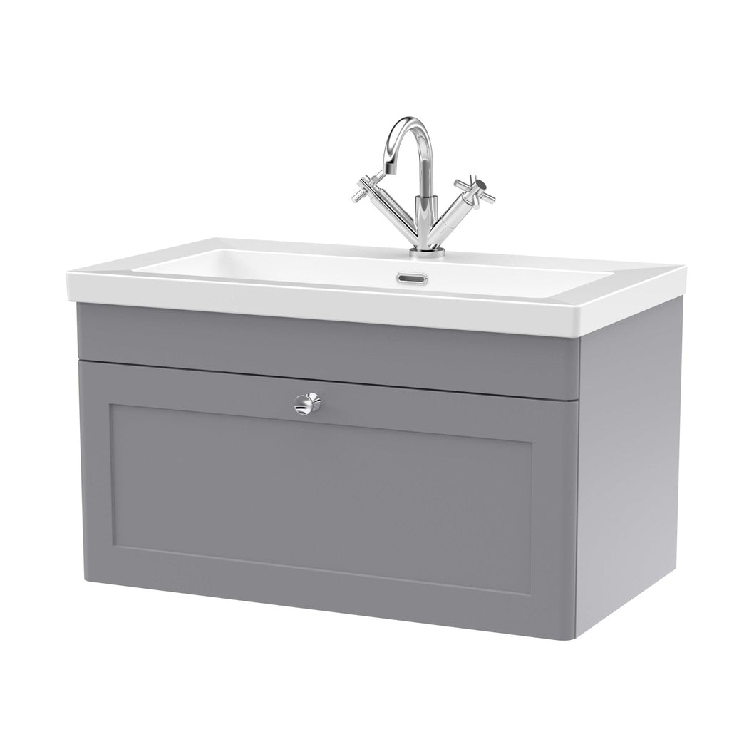 Nuie Classique 800mm Wall Hung Single Drawer Vanity With Basin - 1 Tap Hole Traditional Satin Grey Fireclay 476x813x462mm - JJ Building Materials