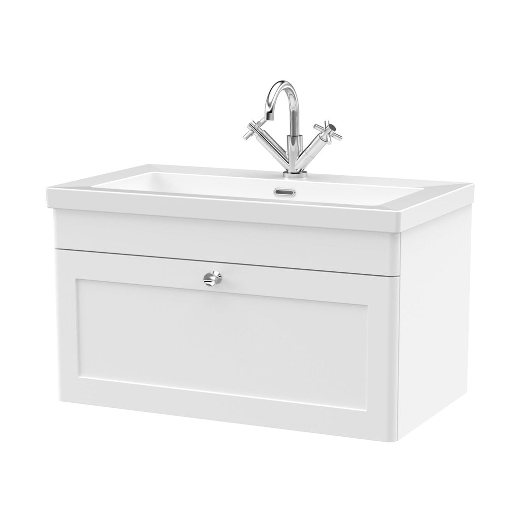 Nuie Classique 800mm Wall Hung Single Drawer Vanity With Basin - 1 Tap Hole Traditional Satin White Fireclay 476x813x462mm - JJ Building Materials