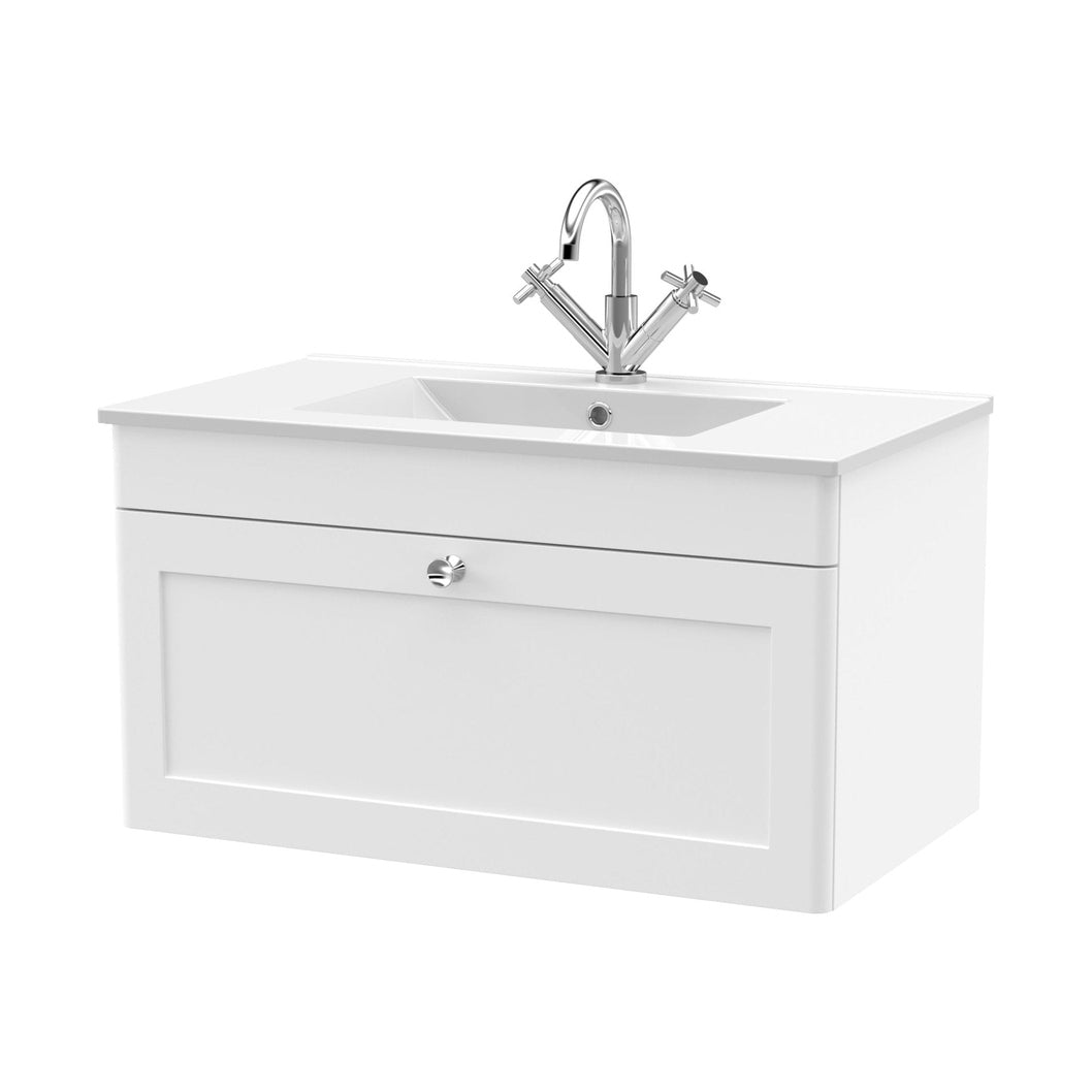Nuie Classique 800mm Wall Hung Single Drawer Vanity With Basin - 1 Tap Hole Traditional Satin White Vitreous China 449x805x460mm - JJ Building Materials
