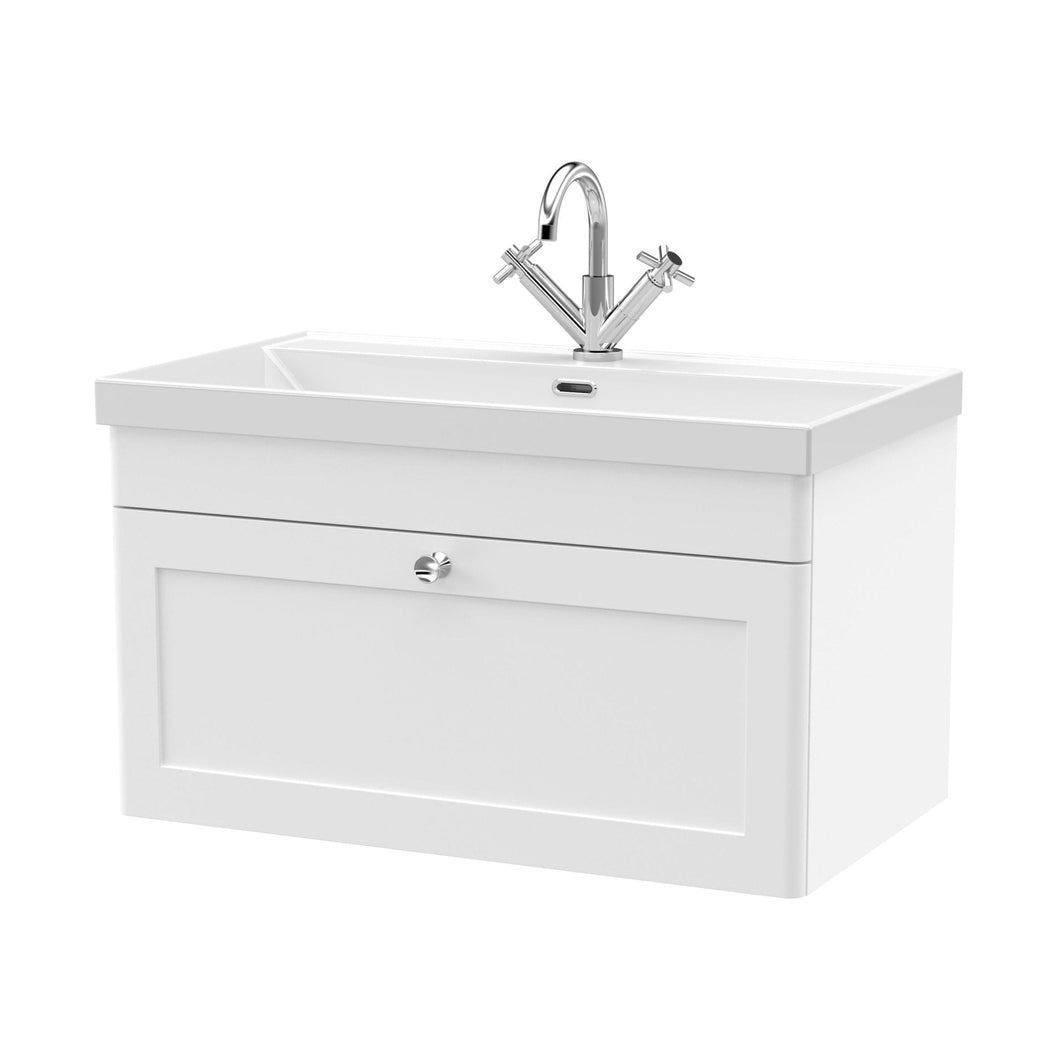 Nuie Classique 800mm Wall Hung Single Drawer Vanity With Basin - 1 Tap Hole Traditional Satin White Vitreous China 481x810x460mm - JJ Building Materials