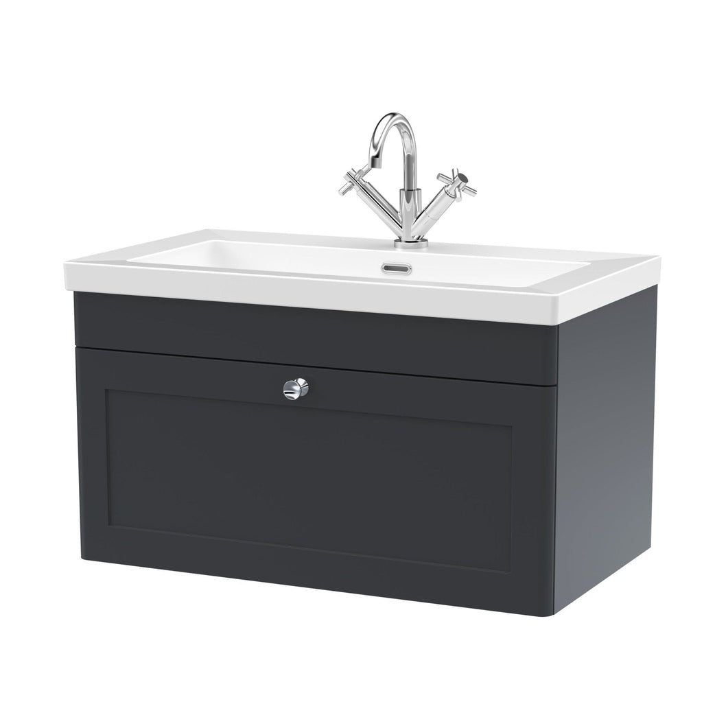 Nuie Classique 800mm Wall Hung Single Drawer Vanity With Basin - 1 Tap Hole Traditional Soft Black Fireclay 476x813x462mm - JJ Building Materials