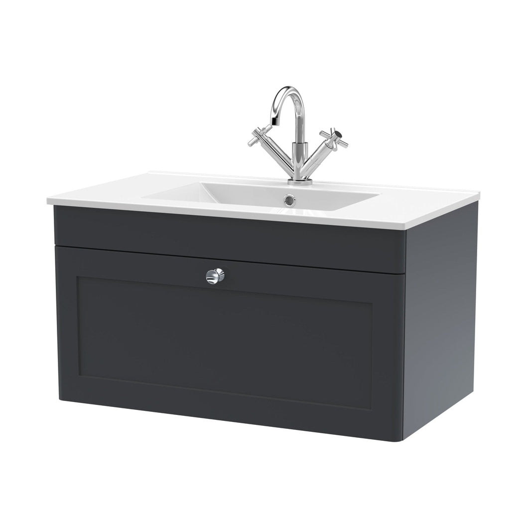 Nuie Classique 800mm Wall Hung Single Drawer Vanity With Basin - 1 Tap Hole Traditional Soft Black Vitreous China 449x805x460mm - JJ Building Materials