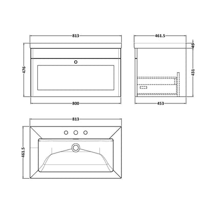 Nuie Classique 800mm Wall Hung Single Drawer Vanity With Basin - 3 Tap Hole Traditional Satin Green Fireclay 476x813x462mm - JJ Building Materials