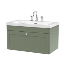 Nuie Classique 800mm Wall Hung Single Drawer Vanity With Basin - 3 Tap Hole Traditional Satin Green Fireclay 476x813x462mm - JJ Building Materials