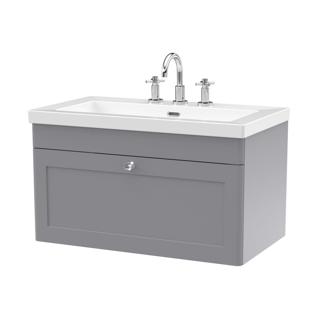 Nuie Classique 800mm Wall Hung Single Drawer Vanity With Basin - 3 Tap Hole Traditional Satin Grey Fireclay 476x813x462mm - JJ Building Materials