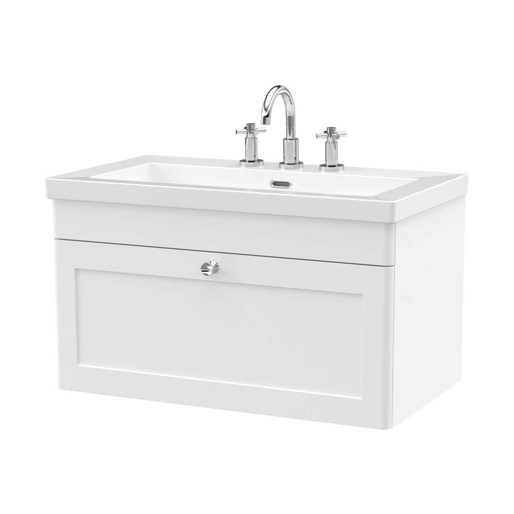 Nuie Classique 800mm Wall Hung Single Drawer Vanity With Basin - 3 Tap Hole Traditional Satin White Fireclay 476x813x462mm - JJ Building Materials