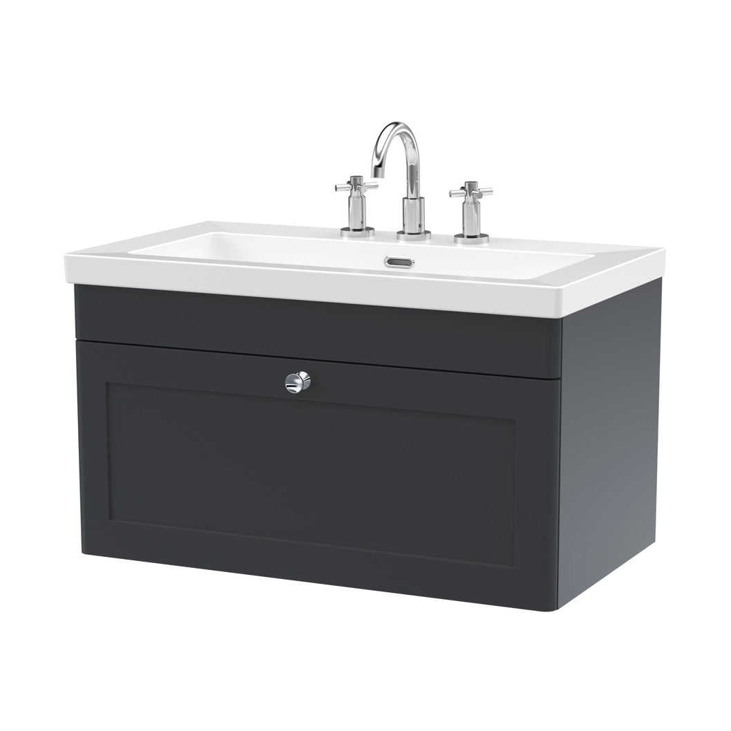 Nuie Classique 800mm Wall Hung Single Drawer Vanity With Basin - 3 Tap Hole Traditional Soft Black Fireclay 476x813x462mm - JJ Building Materials