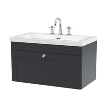 Nuie Classique 800mm Wall Hung Single Drawer Vanity With Basin - 3 Tap Hole Traditional Soft Black Fireclay 476x813x462mm - JJ Building Materials