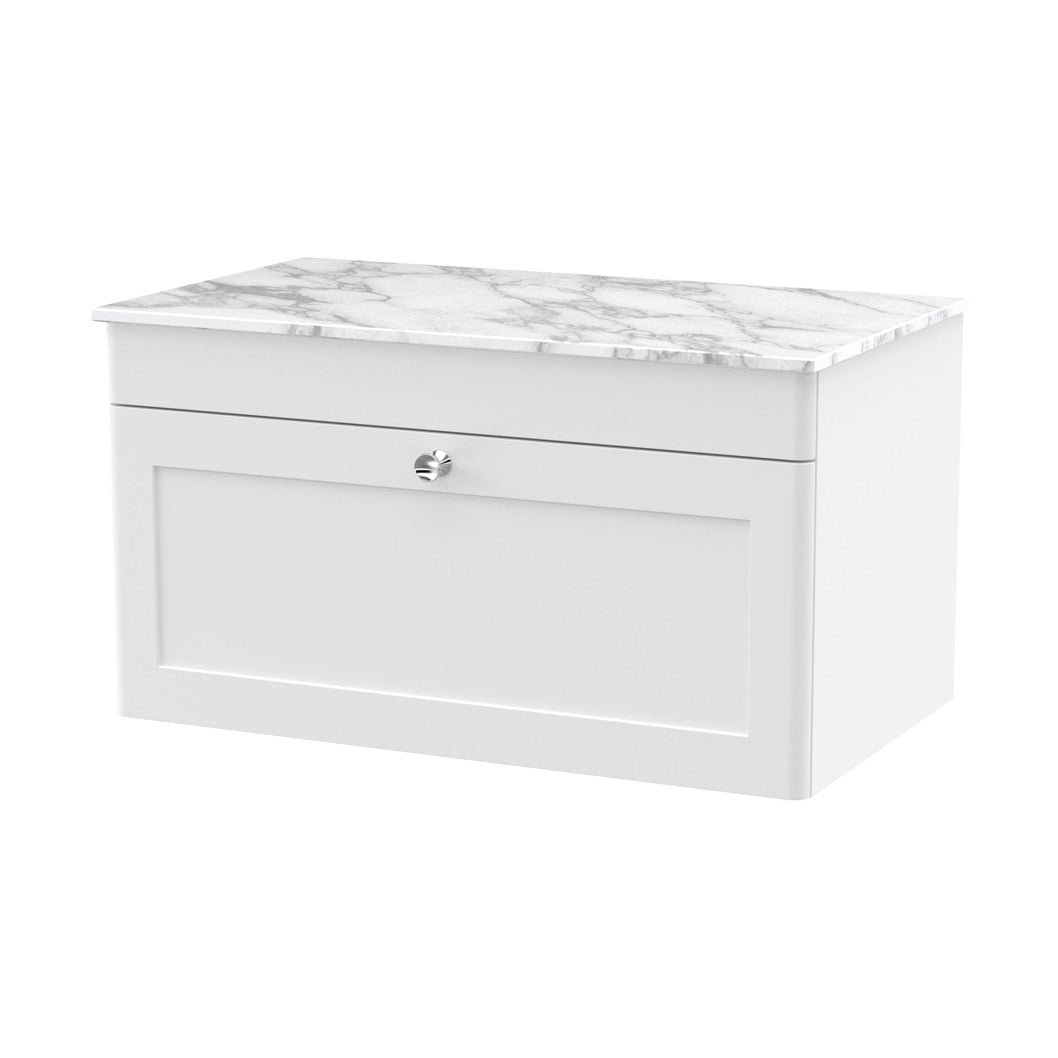 Nuie Classique 800mm Wall Hung Single Drawer Vanity With Marble Top Traditional Satin White Natural Marble 449x810x460mm - CLC196CMT - JJ Building Materials