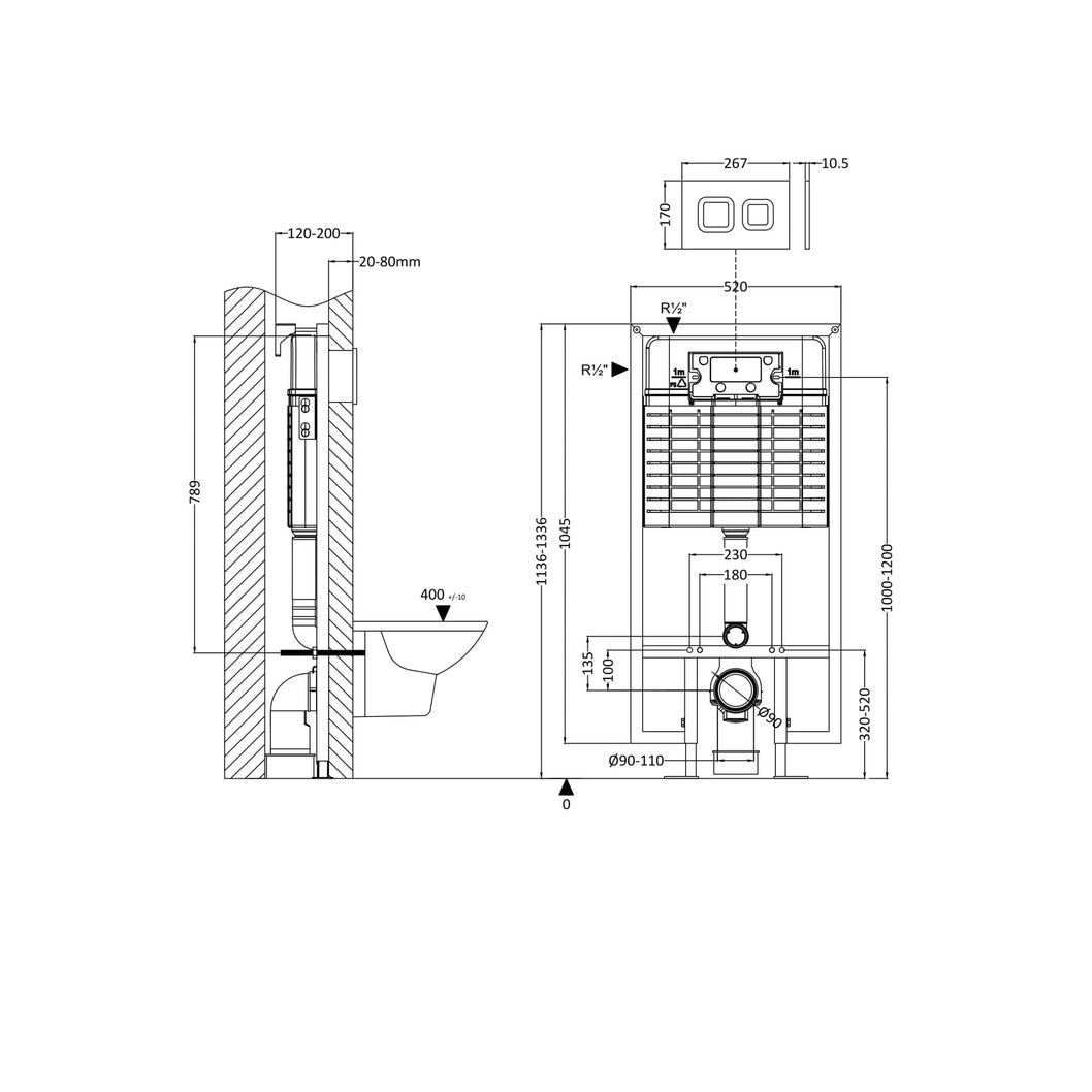 Nuie Concealed Cisterns And Frames Dual Flush Concealed Cistern Frame Square Plate Contemporary Matt Black Stainless Steel 1136x520x204mm - JJ Building Materials
